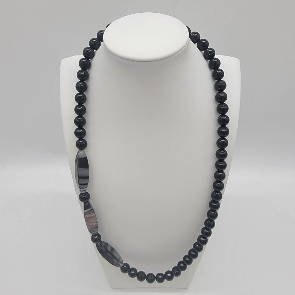 Vintage Black Necklace Beaded Glass Faux Pearl